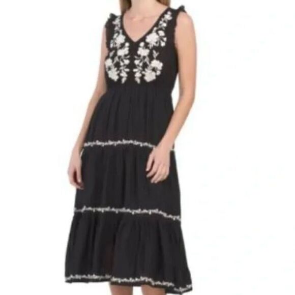 Lucky Brand black and white embroidered tiered midi dress small - Picture 1 of 13